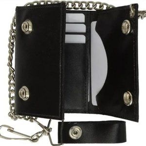 Mens Black Genuine Leather Trifold Biker's Wallet ID Card Holder w/Chain Skull